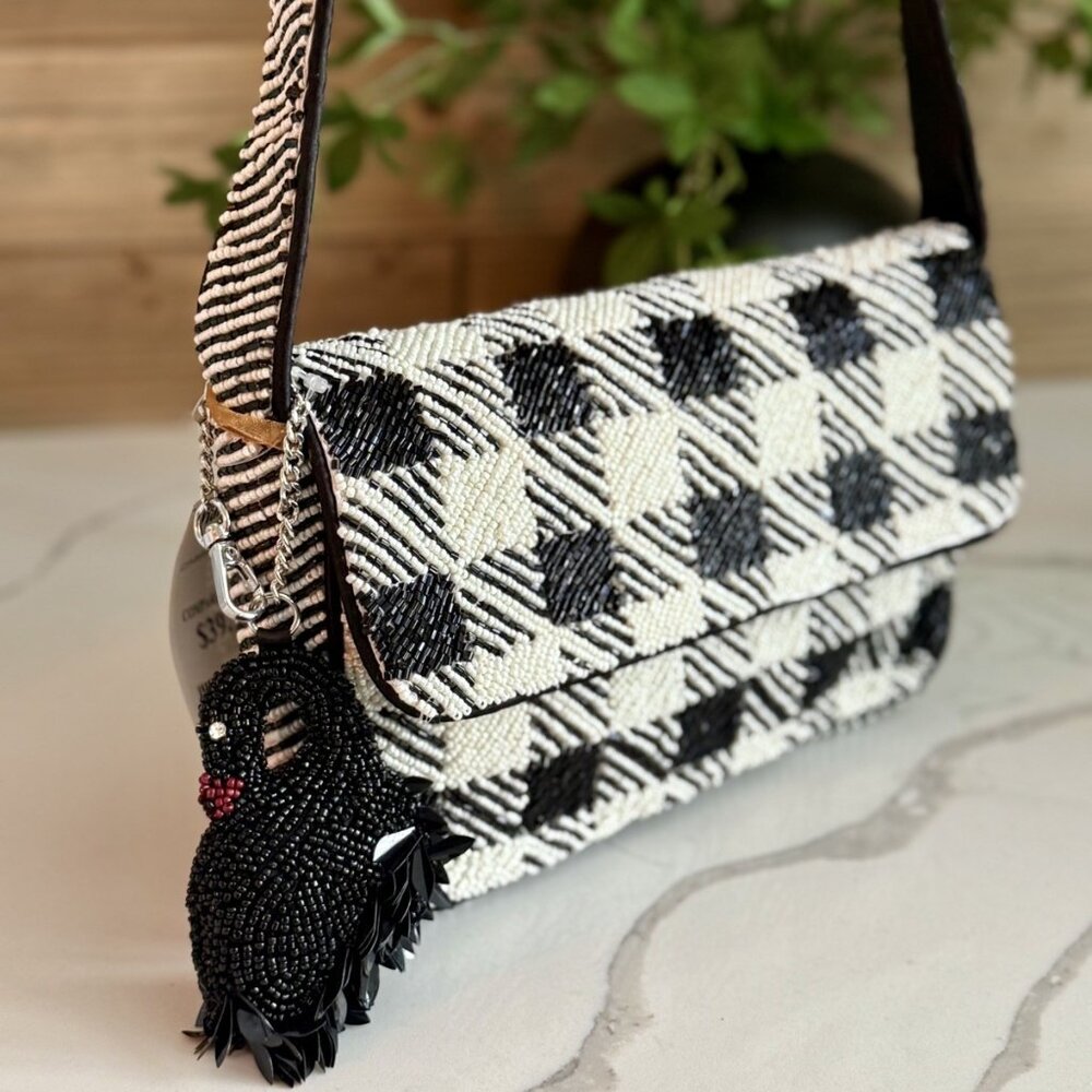 RARE Houndstooth Beaded Purse With Black Swan Bag Charm • Rated Tik Tok Viral